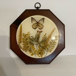 Vintage Octagon Botanical Butterfly Wall Art in Cream and Brown Wood